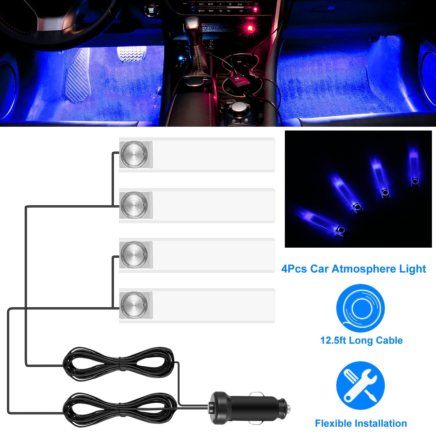 Car Interior LED Atmosphere Light Car Charge Decorative Lamp DC 12V Blue Light 4Pcs